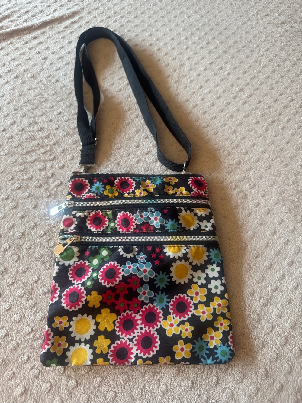 Black Floral Crossbody Bag with Multi-Color Flowers